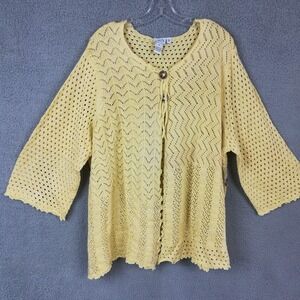 BFA Classics Womens Cardigan Sweater Open Knit Crochet Yellow 3/4 Sleeve 3X New